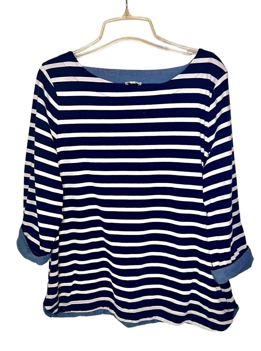 Talbots 3/4 Length Roll ChambrayCuff Sleeve Top Blue White Stripe Women’s Sz XL